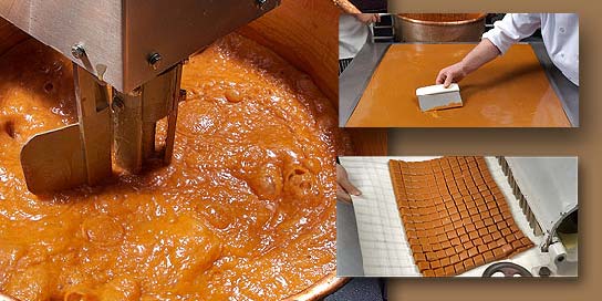 Photo of caramel centers being made in an Alaska Wild Berry Candy Kitchen