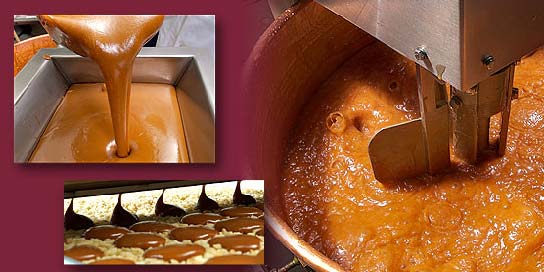 Photo of caramel turtles being made in an Alaska Wild Berry Candy Kitchen